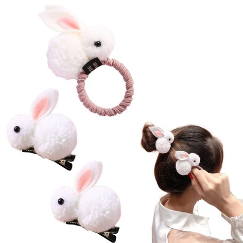 AEGYPIUS Bunny Hair Clips for Girls, 3 Pcs White Easter Hair Accessories Easter Hair Clips and Bunny Hair Tie Bunny Clips, Bunny Hair Clip Easter Hair Clips for Girls, Bunny Ear Hair Clips for Girls