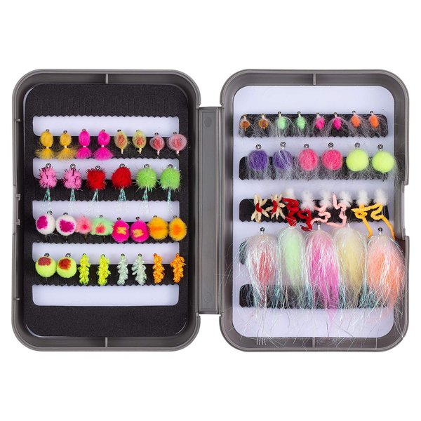 BASSDASH Trout Steelhead Salmon Fishing Flies Barbed Barbless Fly Hooks Include Dry Wet Flies Nymphs Streamers Eggs, Fly Lure Kit with Fly Box (57pcs Barbed Steelhead/Salmon/Trout Flies)
