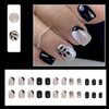 Press on Nails Short Square Fake Nails Black White French Tip Acrylic Nails with Black Leaves and Polka Dots Designs Glitter Full Cover Glossy Black False Nails Stick on Nails for Women 24Pcs