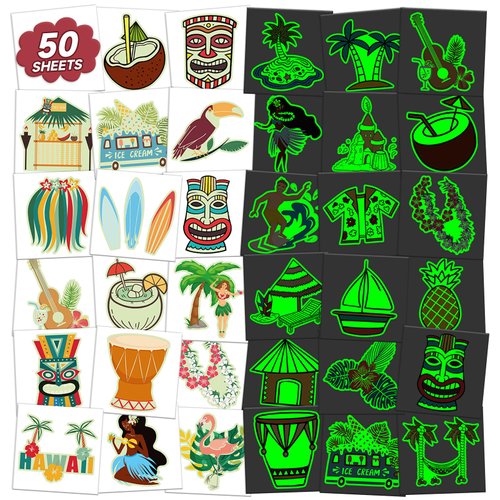 EMOME Luminous Beach Luau Pool Party Decorations, 50 Individually Wrapped Sheets Glow Beach Tatto...