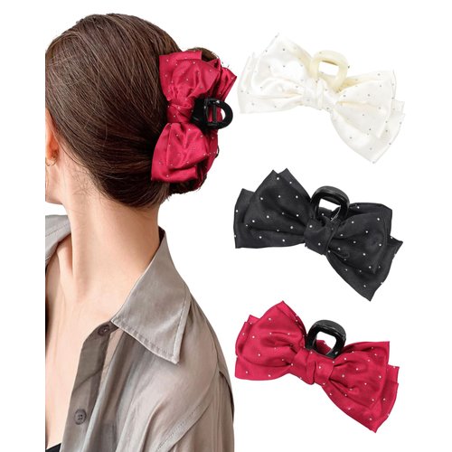 3 Pcs Bow Claw Clip Bow Clips for Women Satin Hair Bow Clips Nonslip Claw Clips for Thick Thin Ha...