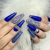 Leuhiove 24 Pcs Blue ​Press on Nail Long Bling Glam Ballerina Flash Diamond Crystal Glossy Fake Nails Coffin Nails Tips，Glitter Rhinestones Gems False Nails Glue on for Women and Girl