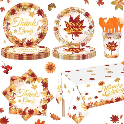 SJJPDYY 176pcs Thanksgiving Party Supplies Kit Fall Party Supplies Includes Dinner Plates, Dessert Plates, Napkins for Give Thanks Pumpkin Maple Leaves Party Decorations Serves 25