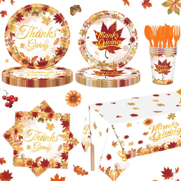 SJJPDYY 176pcs Thanksgiving Party Supplies Kit Fall Party Supplies Includes Dinner Plates, Dessert Plates, Napkins for Give Thanks Pumpkin Maple Leaves Party Decorations Serves 25