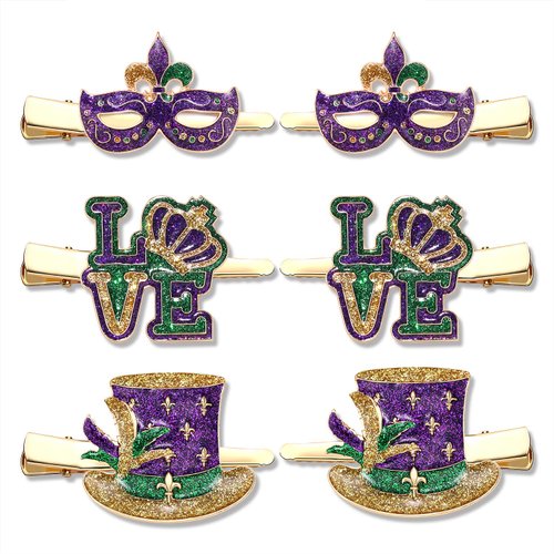 Boderier 6 Pack Mardi Gras Hair Clip Glitter Mask LOVE Hat Hair Clips Hair Barrette Hair Accessories for Women (Love Mask Hat)
