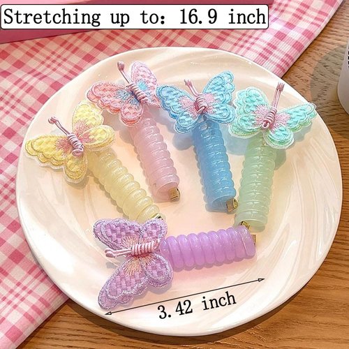 10Pcs Embroidered Butterfly Headband Spiral Hair Ties No Damage,Colorful Butterfly Telephone Wire Hair Bands for Kid Cute Butterfly Ponytail Holders Headbands Telephone Cord Hair Ties Hair Accessories
