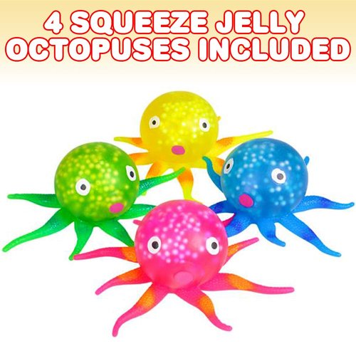 ArtCreativity Squeeze Jelly Octopus, Set of 4, Stress Relief Toys for Kids and Adults, Underwater Party Supplies, Fun Aquatic Birthday Party Favors, Relaxing Sensory Toys for Autism, 4 Colors