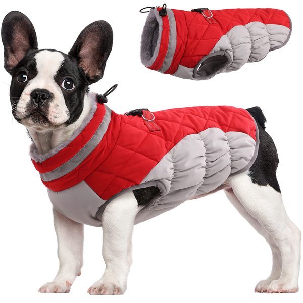 FUAMEY Dog Coat,Warm Dog Jacket Winter Coat Paded Dog Fleece Vest Reflective Dog Cold Weather Coats with Built in Harness Waterproof Windproof Dog Snow Jacket Clothes with Zipper Red Medium