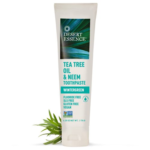 Desert Essence Tea Tree Oil & Neem Toothpaste - Essential Oil of Wintergreen, Baking Soda & Sea Salt - Promotes Healthy Mouth, Plaque & Cavity Prevention - Fluoride-Free, SLS Free, Vegan - 6.25oz