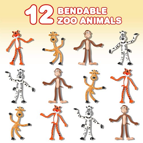 ArtCreativity Bendable Zoo Animals, Set of 12 Flexible Animal Figures, Birthday Party Favors for Boys & Girls, Stress Relief Fidget Toys for Kids and Adults, Goody Bag Stuffers, Piñata Fillers