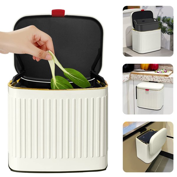 GloDeals Kitchen Trash Can with Lid, 2 in 1 Small Garbage Can Compost Bin Countertop, Wall-Mounted Under Sink Indoor Trash Bin for Kitchen, Bathroom, Cabinet Trash Can Hanging (4L, White/1.05 Gal)