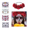 4 Pcs Day of The Dead Sugar Skull Face Temporary Tattoo Halloween Makeup Tattoo Stickers for Halloween Masquerade Party with 1 Rose Red Flower Crown Headband
