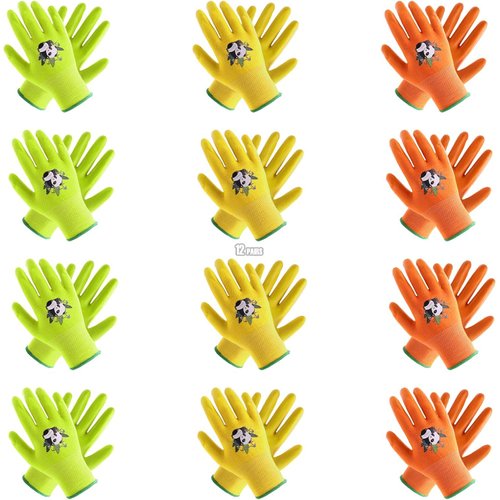 HANDLANDY Kids Gardening Gloves Bulk,Pack of 12 Pairs for Age 2-13, Latex Free Gloves-Size 6(age11-13),Green&Orange&Yellow