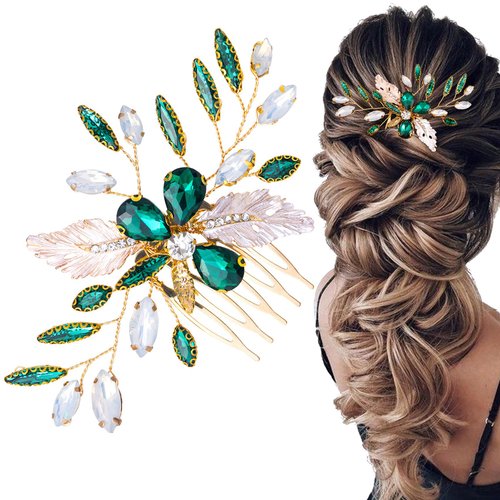 Nuorest Green Crystal Hair Side Comb for Wedding, Bridal Rhinestones Metal Hair Comb, Leaf Forest Hair Accessories for Women, Girls, Brides, Parties, Wedding, Prom