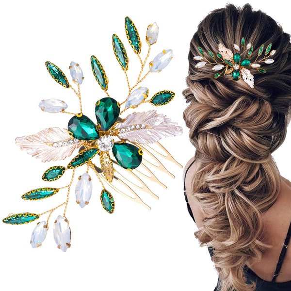 Nuorest Green Crystal Hair Side Comb for Wedding, Bridal Rhinestones Metal Hair Comb, Leaf Forest Hair Accessories for Women, Girls, Brides, Parties, Wedding, Prom