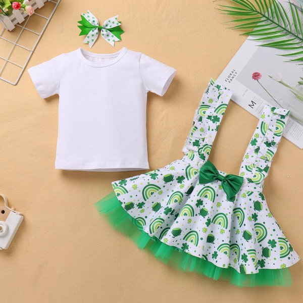 IBTOM CASTLE st patricks Day Baby Girl Outfit: Toddler Charming Leprechaun Costume Luck of the Irish Tulle Four-Leaf Tutu Skirt Bowknot Photoshoot Spring Summer Clothes Set Green - Lucky Clover 2-3T