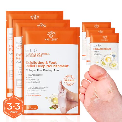 modelones Foot Peeling Mask 3 Pack, Exfoliating Foot Mask for Dry Cracked Feet, Callus Dead Skin Remover for Feet, Additional 3 Pack Collagen Serum for Reviving Baby Soft Smooth Feet, Women and Man