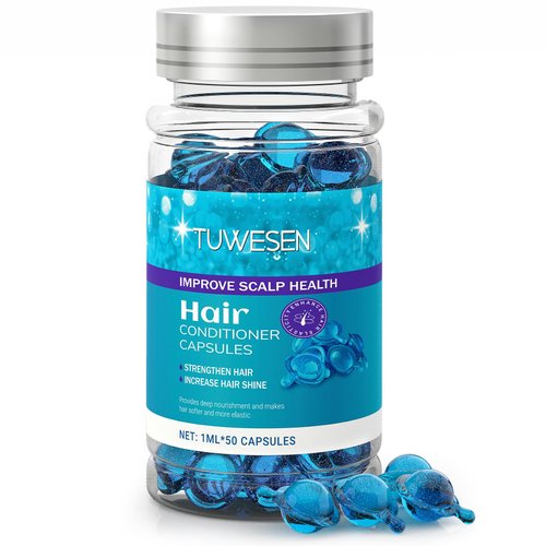 TUWESEN Hair Treatment Serum, Hair Serum Oils Capsule with Vitamin A C E B5, No Rinse Hair Styling Serum with Moroccan, Macadamia, Avocado Oil, 50 Capsules
