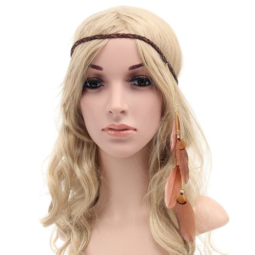 Nicedmm Stylish Boho Hippie Feather Hair Band Headband - Indian Vintage Elastic Head Wrap Hair Accessories Headdress for Lady Women (Brown)