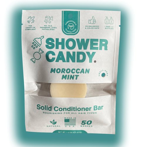 Shower Candy Moroccan Mint Solid Hair Conditioner Bar | Natural Conditioner with Plastic-Free Packaging | Zero Waste Compostable Pouch - SLS free Conditioner| Travel Size Conditioner Bars