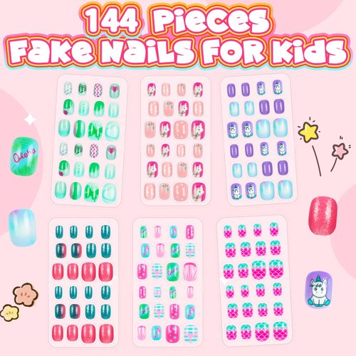 144 Pieces 6 Pack Kids Press on Nails Artificial Fake Nails for Kids Girls Pre Glue Full Cover Short Acrylic False Nail Tips Art Kits Gifts for Kids Girls Nail Art Decoration