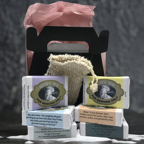 Grace Harbor Old Goat Soap – Premium Goat Milk Bar Soap with MSM for Aging Skin – All Natural Small Batch – For Seniors Only – Six Pack with Sisal Soap Saver Bag (Variety 6 Pack)