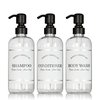 Clear Refillable Shampoo and Conditioner Bottles - Body Wash, Shampoo and Conditioner Dispenser - PET Plastic Shampoo Bottles Refillable with Pump - Waterproof Labels - 16 oz, 3 Pack (Black Satin)