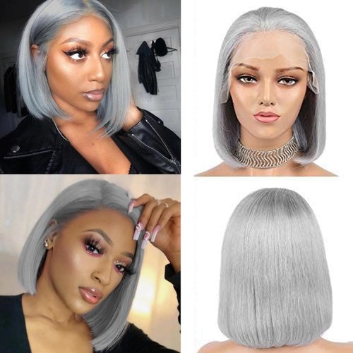 OiMiGO Short Bob Wigs Human Hair for Women, 13x4 HD Lace Front Bob Wigs 180% Density Straight Bob HD Lace Wigs, Free Part Remy Virgin Hair Transparent Lace Wigs(8 Inch,Grey)