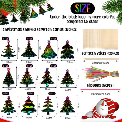 Qilery 120 Pcs Christmas Scratch Paper Rainbow Color Scratch Ornaments Christmas Crafts Kits with Sticks and Ribbon for Xmas Birthday Winter Party Favors DIY Hanging Decorations(Xmas Tree)