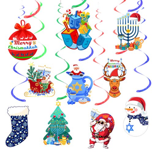 Merry Chrismukka Hanging Swirls Decorations 20 PCS Christmas Xmas Hanukkah Hanging Ceiling Streamers Swirls for Home Indoor Outdoor Holiday Party Decorations Supplies