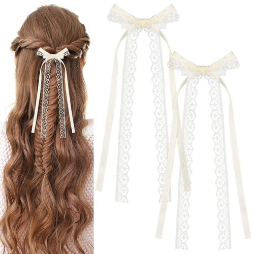 Tyqour 2pcs Lace Hair Bows Clips with Long Tail for Women Girls White Lace Bows for Hair Cute Lac...