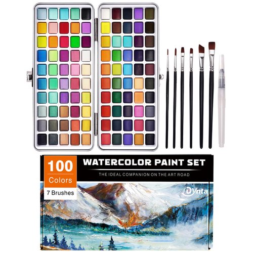 Dynta Watercolor Paint Set 100 Colors Portable Solid Pigments with 1 Water Brush Pen 6 Brushes, Art Supplies for Kids Students Teenagers Beginners and Artists, Outdoor-Friendly