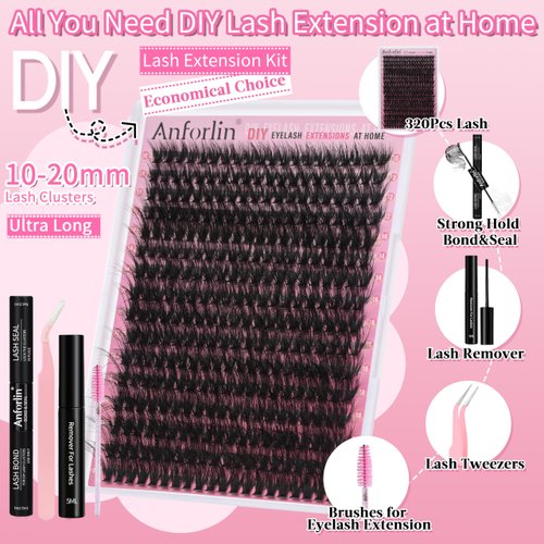 Lash Extension Kit 320pcs Fluffy Lash Clusters 10-20mm Eyelash Extension Kit 50D Volume DIY Lash Extension Kit Individual Lashes with Lash Bond and Seal, Remover, Lash Tweezers and Lash Brushes