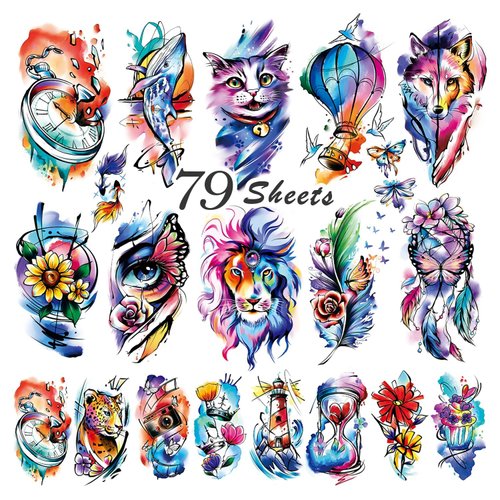 Cerlaza 79 Sheets Temporart Tattoos Realistic for Adult Kids, Colorful Fake Tattoos Waterproof With Lion Cat Rabit Butterfly, Long Lasting Temp Tattoo Stickers for Women Girls