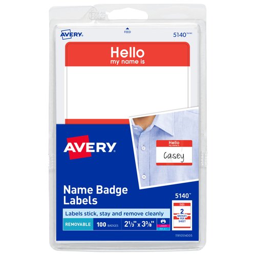 Avery Hello My Name is Name Tags, White with Red Border, 100 Removable Name Badges (05140)