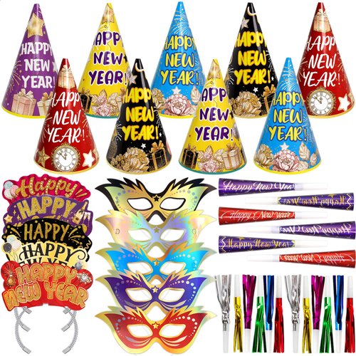 New Years Eve Party Supplies for 25 Guests 2025 Colorful Happy New Year Party Kits NYE Hats Glitter Tiaras Decorations Noise Makers Paper Masks Party Favors
