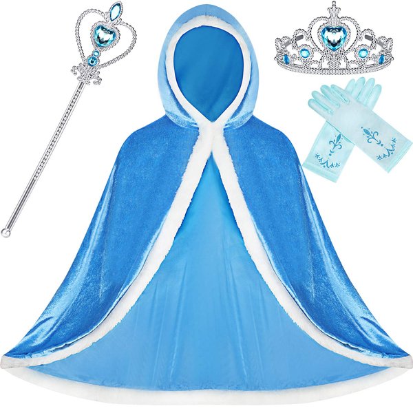 SATINIOR 4 Pieces Fur Princess Hooded Cape Cloaks Costume for Girls Princess Costumes Party Accessories (Height 47 Inch/ 120 cm, Blue)