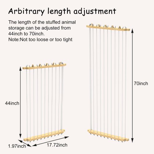 KSXLIUC Stuffed Animal Storage Wood Plush Toys Holder with Hooks, Length Adjustable Hanging Stuffed Animal Toy Organizer Shelf for Nursery Kid Room Play Room Bedroom