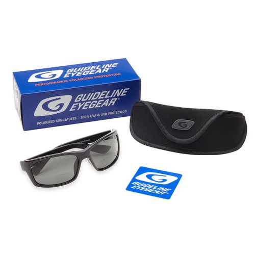 Guideline Eyegear Surface Fishing, Boating, Water Sports Polarized Bifocal Sunglasses with Deepwater Gray Lens, Shiny Black Frame(+1.50)