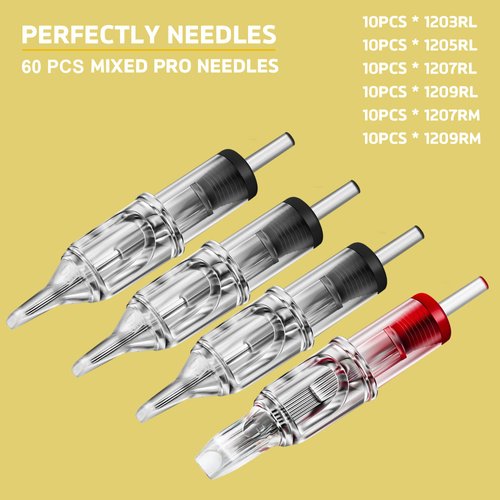 Romlon Tattoo Cartridge Needles - 60Pcs Assorted Standard Mixed Tattoo Needles Round Liner/Round Magnum 3RL 5RL 7RL 9RL 7RM 9RM Size for Tattoo Machine Tattoo Kits Tattoo Supplies
