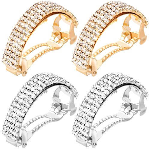 HINZIC 4 Pcs Rhinestone Hair Clips 2inch Silver Gold Bling Crystal Spring Barrettes Fancy Sparkle Wedding Prom Engagement Bridal Accessories for Women Girls Bride Long Thick Hair