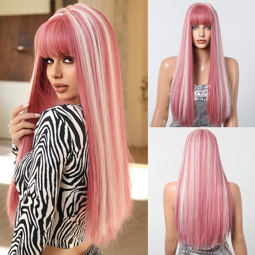 testar Pink Wigs for White Women Long Straight Wigs With Bangs Natural Looking Heat Resistant Fiber Synthetic Wigs for Any Occasion Use 26IN