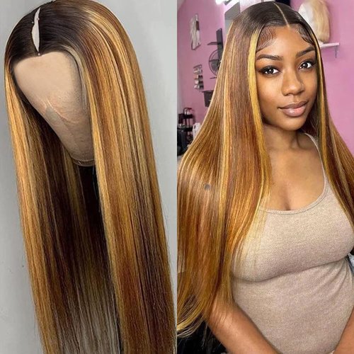 Pobokix Highlight Ombre V Part Wigs Human Hair Straight Balayage Blonde V Part Human Hair Wigs 180% Density Glueless Full Head Clip In Half Wigs 16inch #T1BP4/27 Color