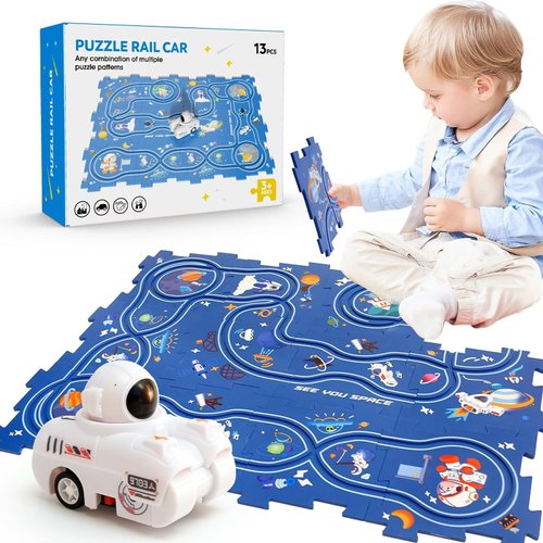 Puzzle Track Race Car Playset for Toddler Logical Road Builder Brain Teasers Board Game, DIY Assemble Puzzle Mat Rail Train Educational Preschool Toys for Kids 3+ (Outer Space)