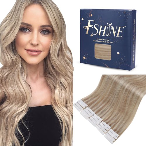 Fshine Ash Blonde Tape in Hair Extensions Human Hair 12 Inch 30g Ash Blonde Highlighted with Bleach Blonde Remy Hair Tape in Straight Hair Extensions Blonde Remy Hair Extensions for Women 20pcs