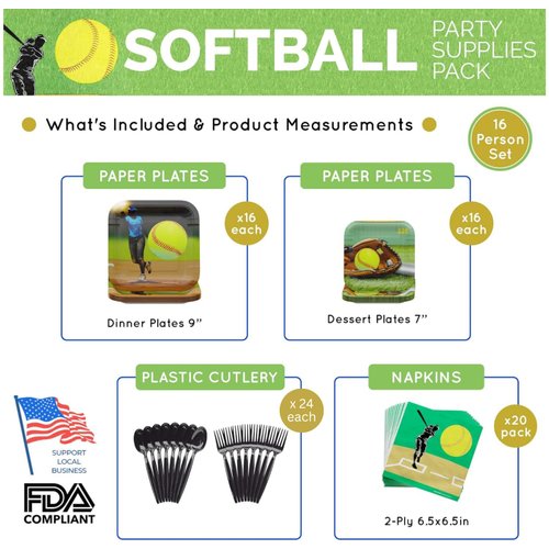 Softball Party Supplies Pack (100 Pieces for 16 Guests) - Softball Party Supplies, Sports Birthday Party, Softball Plates and Napkins, Softball Party Decorations , Party Favors, Blue Orchards