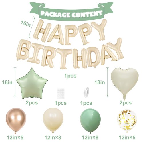 Sage Green Birthday Decorations for Men Women Boys Girls,Sage Green Beige Gold balloons Happy Birthday Balloons Banner Confetti Balloons for Birthday Baby Shower Party Decorations