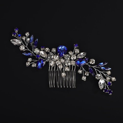 Rumtock Blue Hair Comb with Rhinestones Beads Silver Hair Piece Side Headpiece for Wedding Brides (Blue)