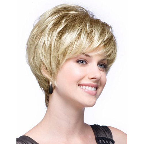 SEVENCOLORS Short Blonde Wigs for White Women Layered Mixed Blonde Pixie Cut Wigs with Bangs Synthetic Short Hair Replacement Wigs