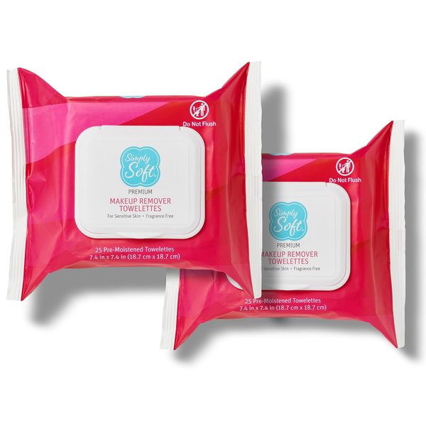 Simply Soft Premium Makeup Remover Towelettes 50 ct (2 - 25 Count Flip-top Packs), Fragrance-Free Makeup Wipes for Sensitive Skin, Hypoallergenic, pH Balanced Eye Makeup Remover Wipes, Face Wipes